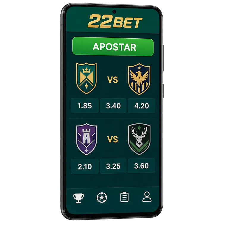 App da 22Bet na tela de um celular com bilhete de apostas