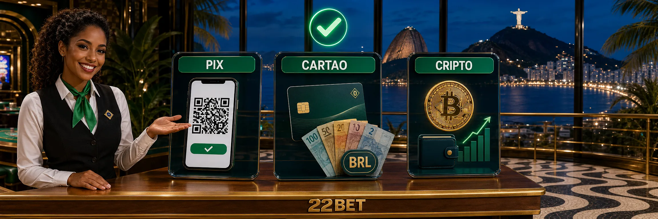 Caixa da 22Bet com PIX, cartão, carteira e cripto em reais