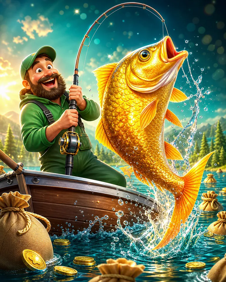 Capa do slot Big Bass Bonanza com pescador e peixe dourado
