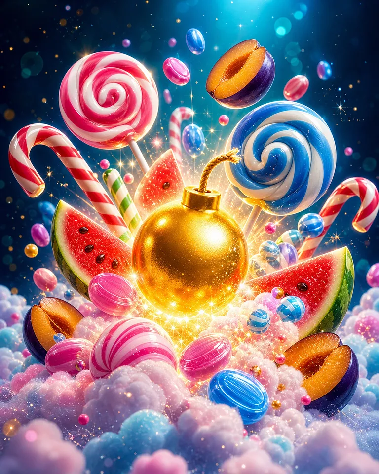 Capa do slot Sweet Bonanza com doces e frutas coloridas